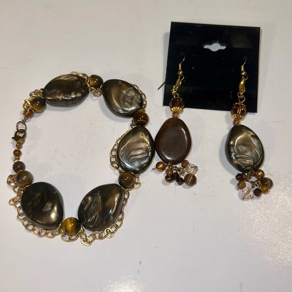 Brown Gold Tone Statement Bracelet &‎ Dangle Earrings Jewelry Set - Picture 1 of 2